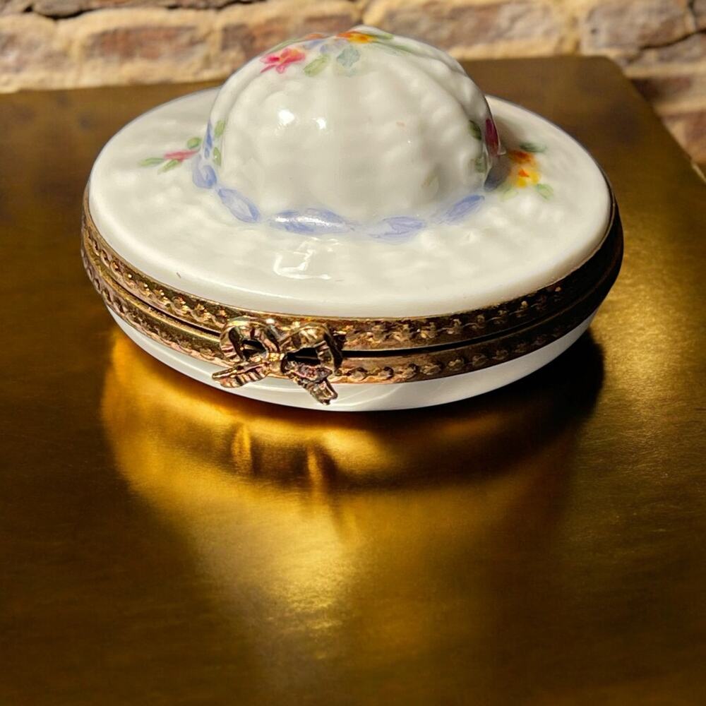 Authentic Floral Sun Hat Limoges Trinket Box, Engagement Ring Box, Pillbox